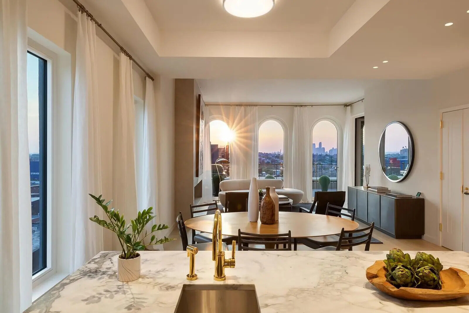 Kitchen island looking toward the arched windows