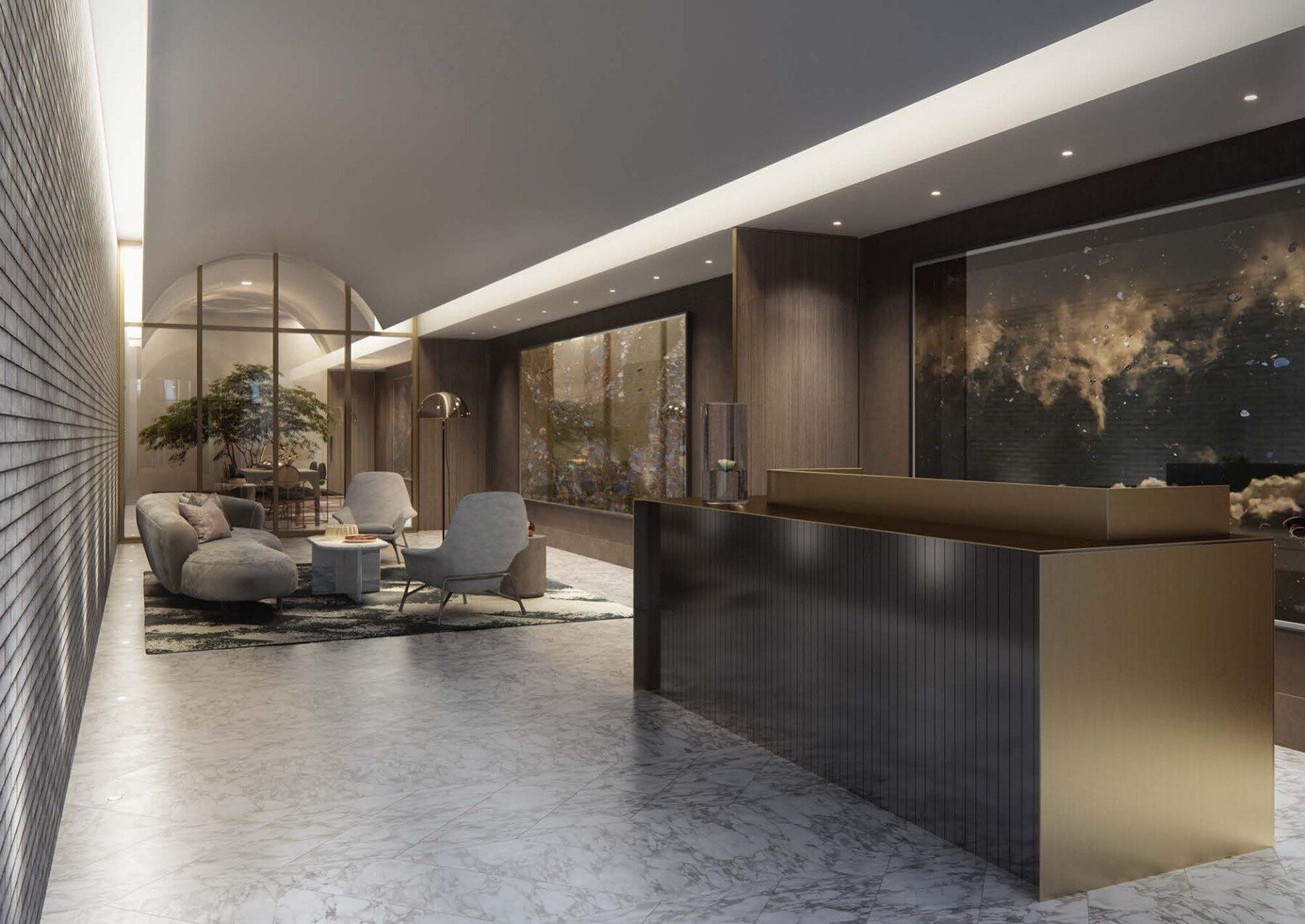 Rendering of the barrel-vaulted lobby lounge