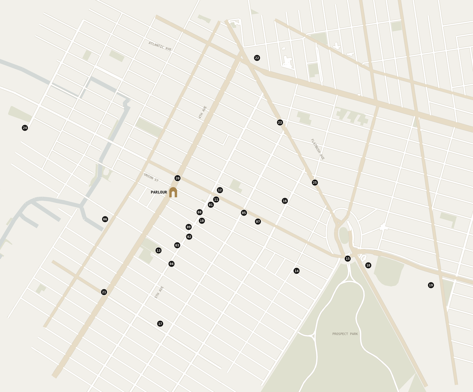 Map of Parlour in Park Slope with numbered pins 01 to 25 matching the neighborhood guide